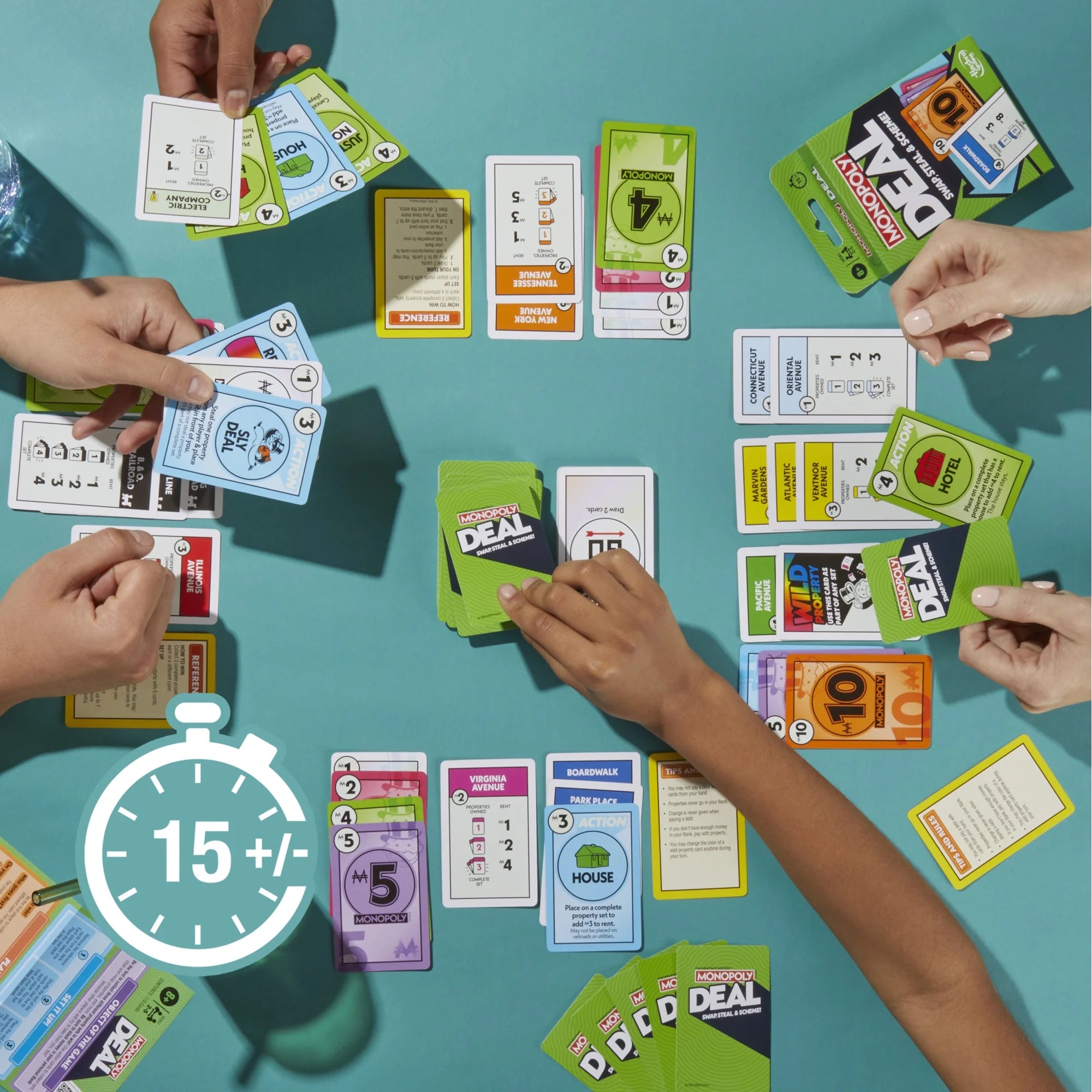 Monopoly Deal game in progress with players on a teal table, featuring a timer icon and '15+' minute text.