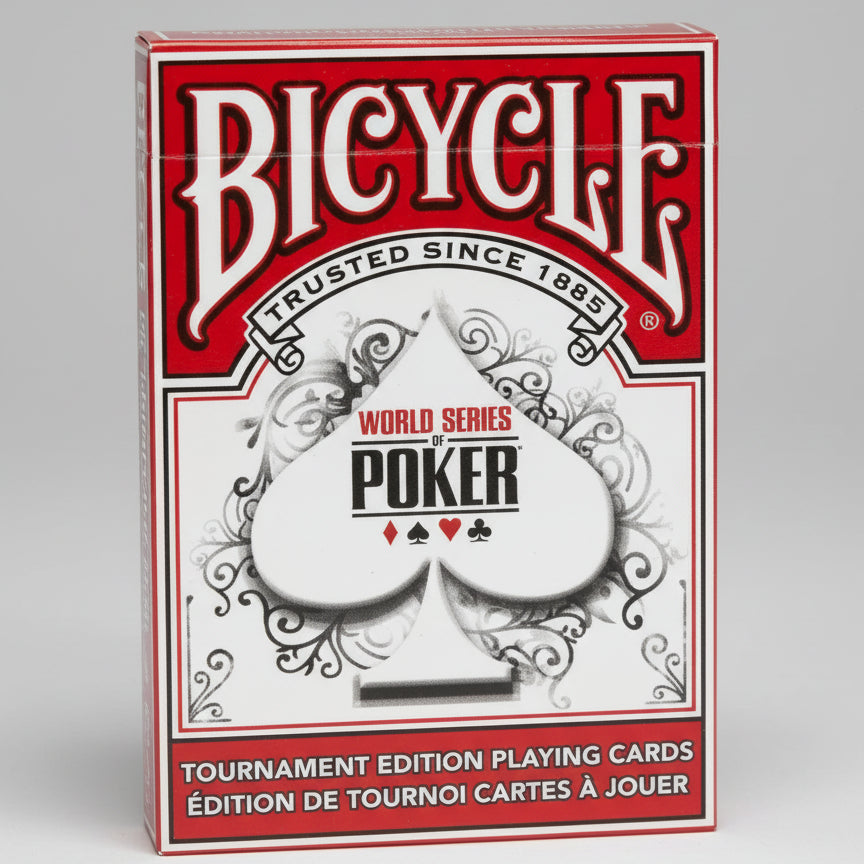 Bicycle World Series of Poker playing cards packaging on a gray background