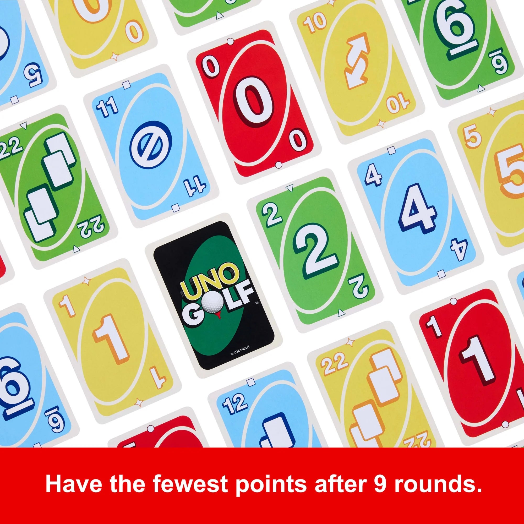 Collection of Uno Golf playing cards with colorful designs and text.