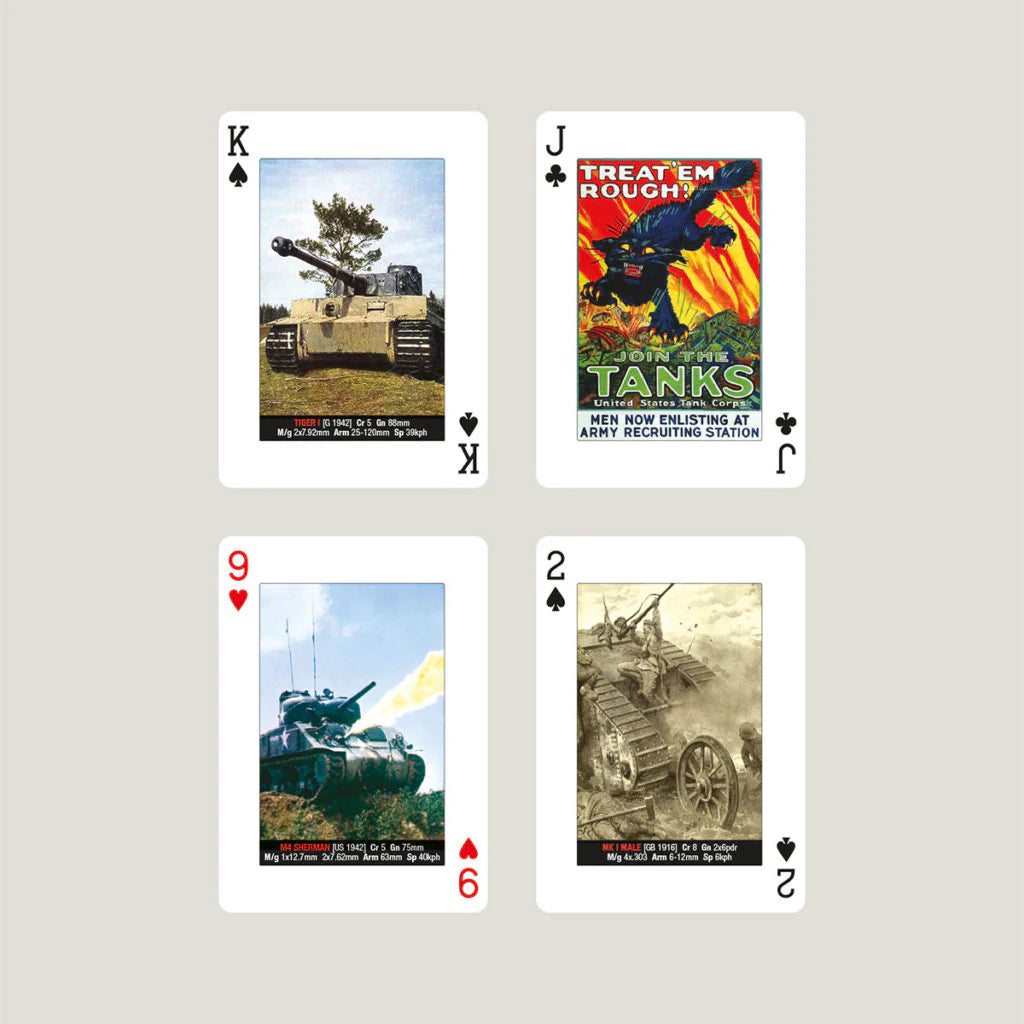 Historic tank playing cards showing First World War and Second World War armored vehicles