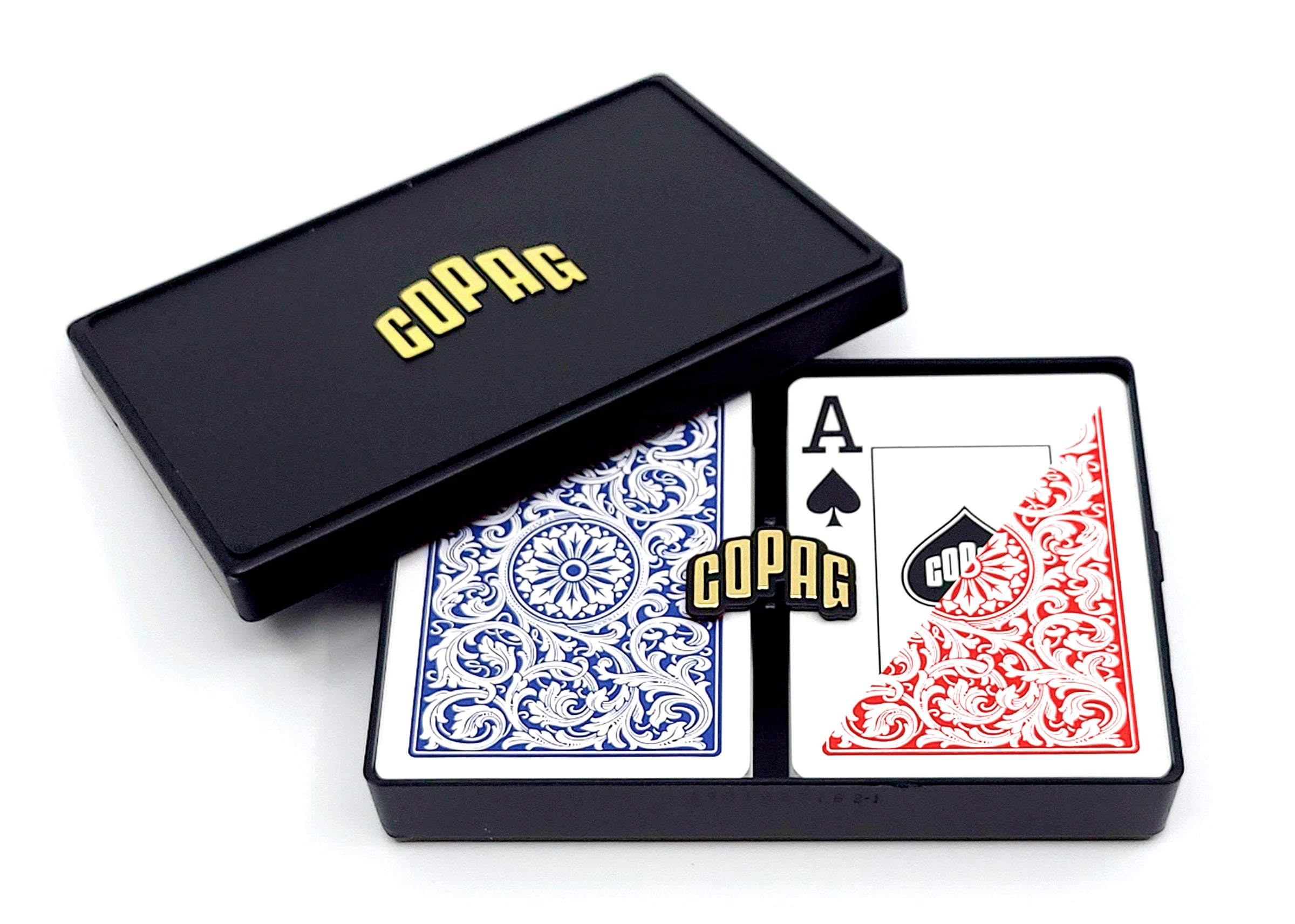 Two decks of Copag 1546 Elite Jumbo playing cards, one blue and one red, with a black box labeled Copag on a white background.