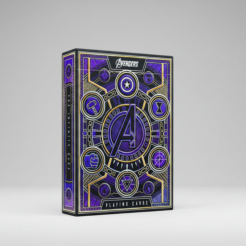 Avengers-themed playing cards with purple and gold design on a black border