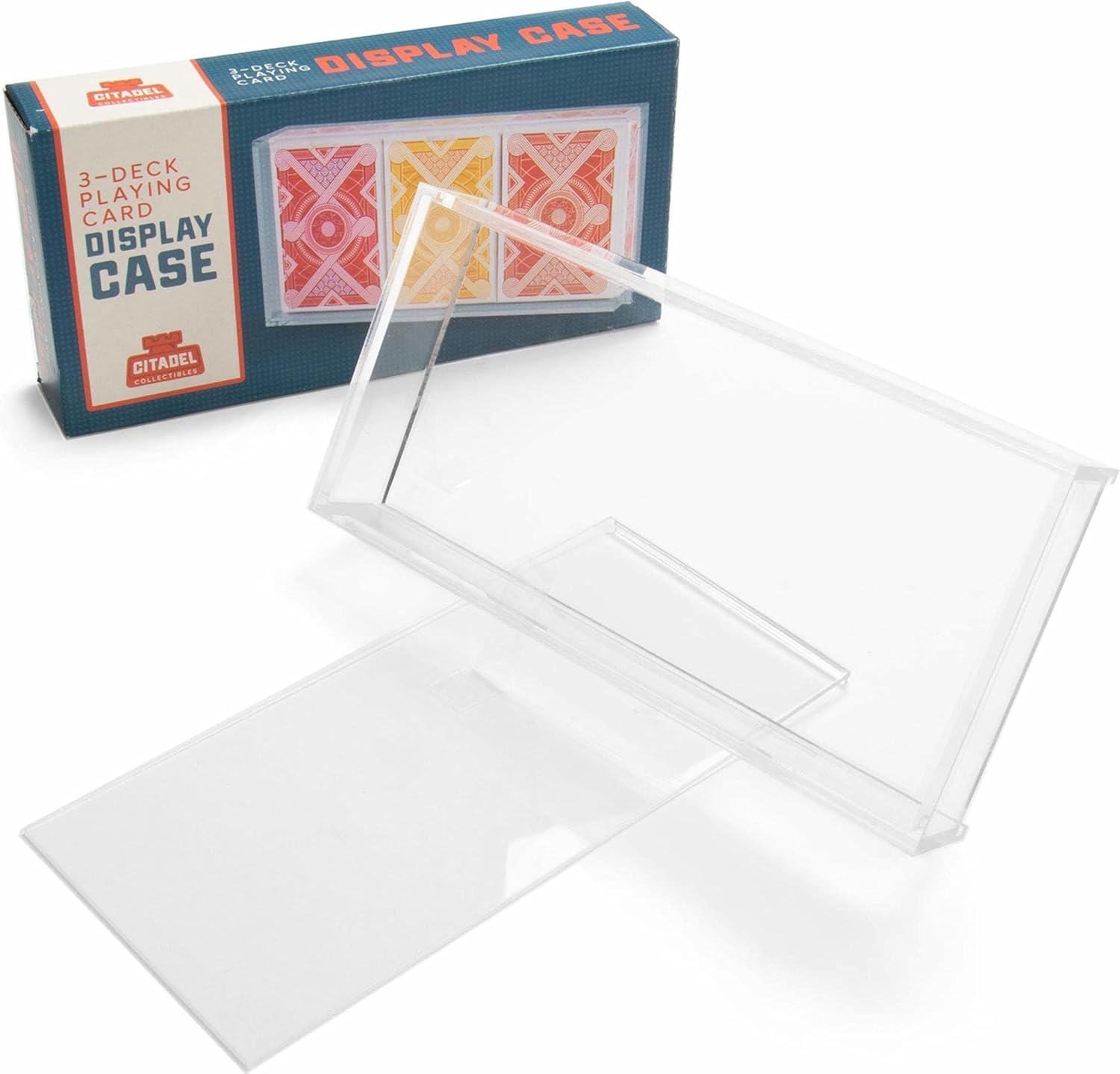 Display case for playing cards with a box labeled 'Display Case' on a white background