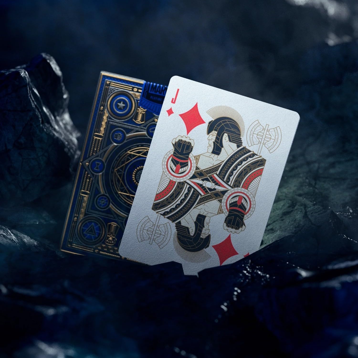 Playing card with a character design on a dark, textured surface