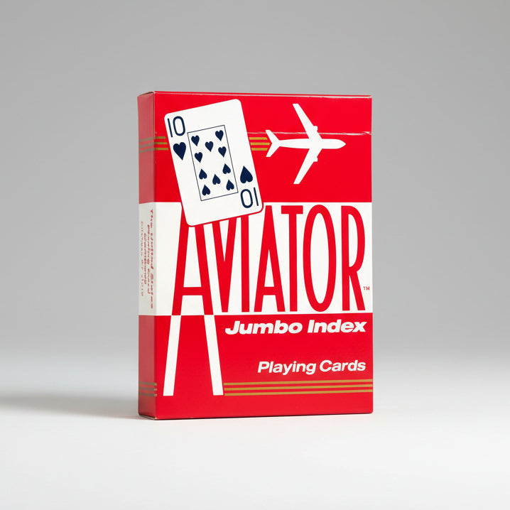 Red box of Aviator Jumbo Index playing cards with a card and airplane illustration.