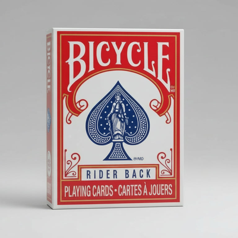 Bicycle mini playing card box with red and blue design on a black background