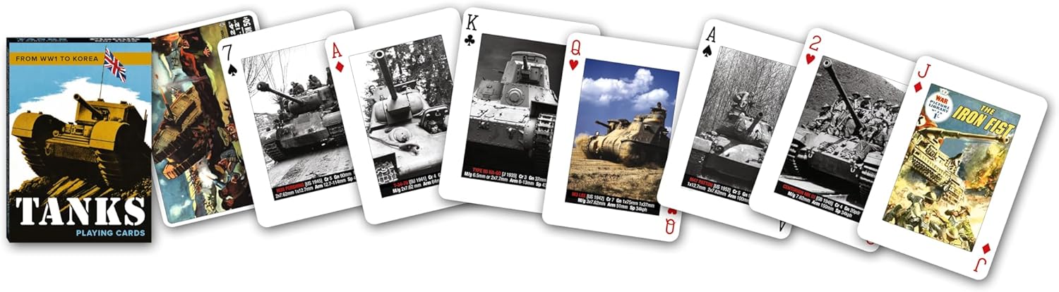Historic tank playing cards showing First World War and Second World War armored vehicles
