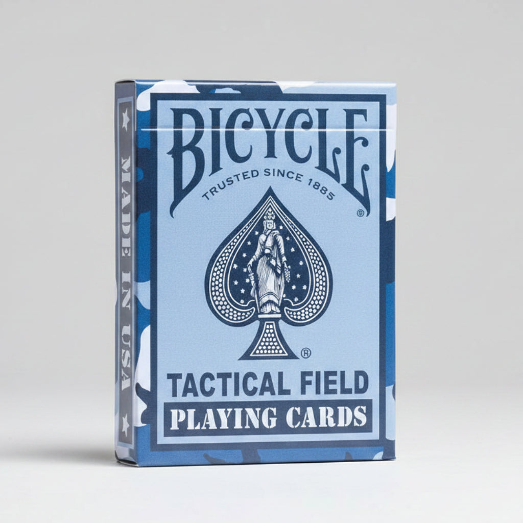Bicycle Tactical Field Navy Blue tuck box front with Bicycle logo and made in USA side panel