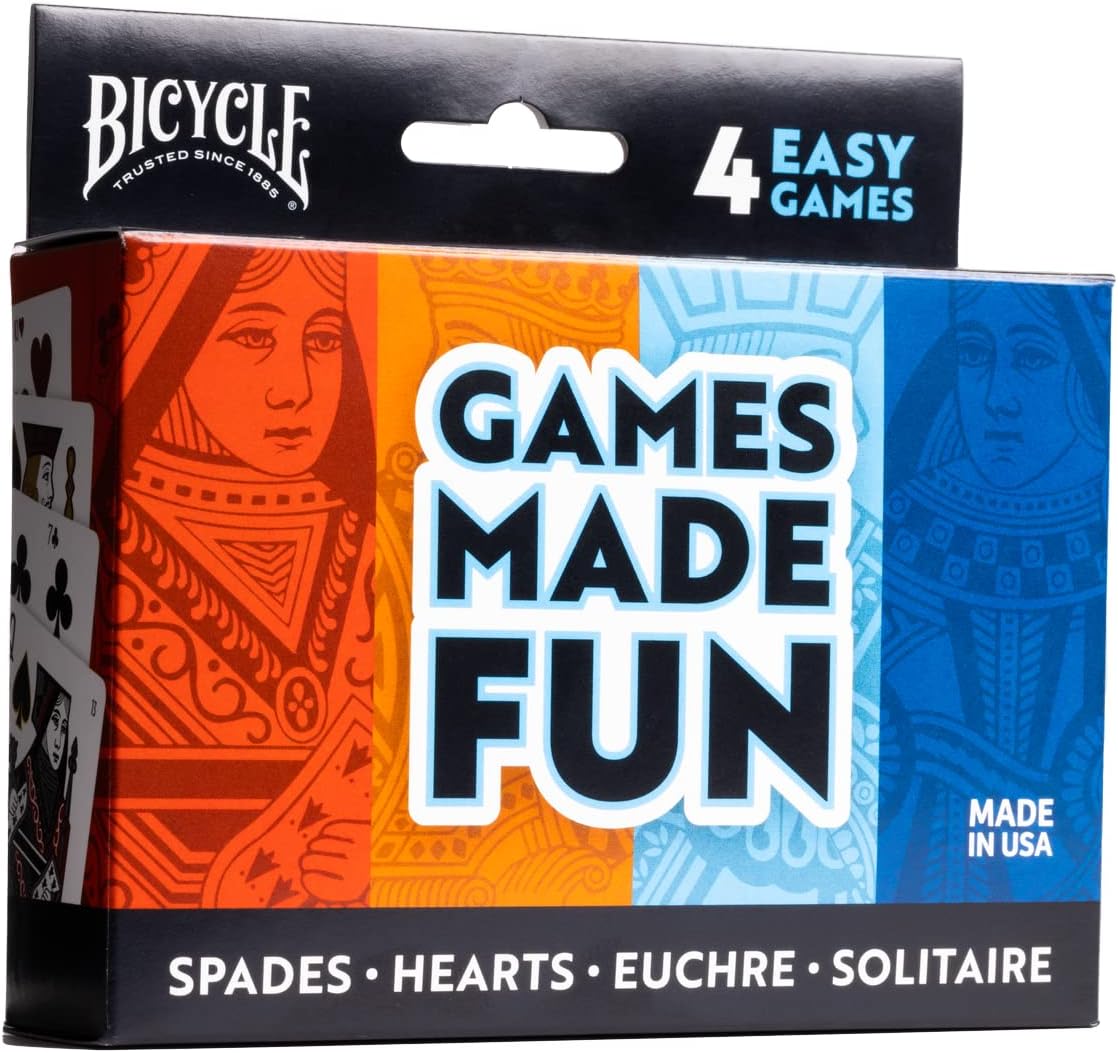 Packaged Games Made Fun playing cards with 'Bicycle' branding and colorful design on a white background