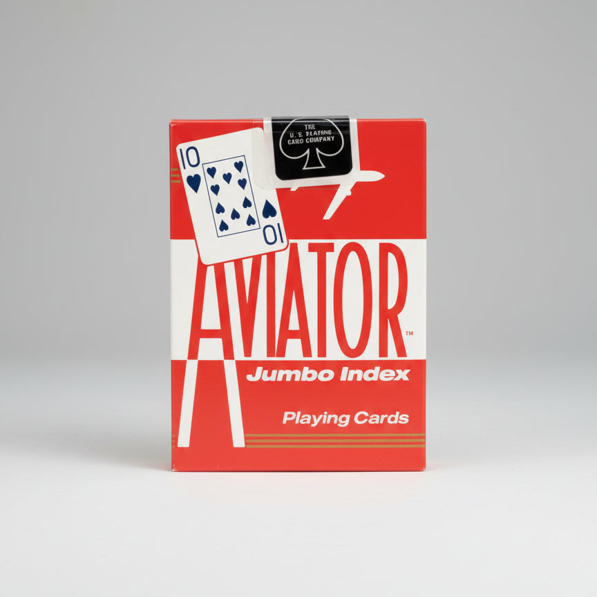 Box of Aviator Jumbo Index playing cards with card images and text on a red background
