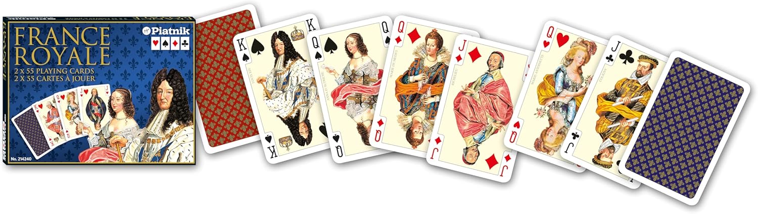 Playing cards with historical figures and decorative designs on a white background