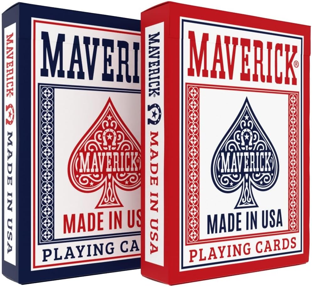 Two boxes of Maverick playing cards, one blue and one red, with the brand name and 'Made in USA' text on the packaging.