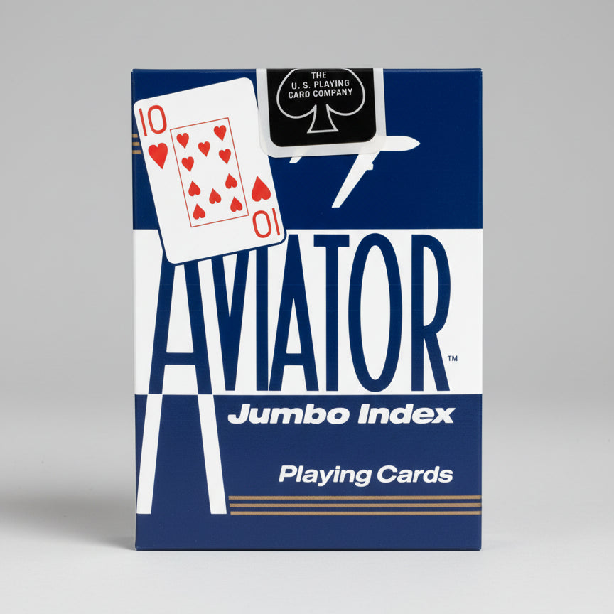 Aviator Jumbo Index playing cards packaging with a card showing the Ten of Hearts on a blue background.
