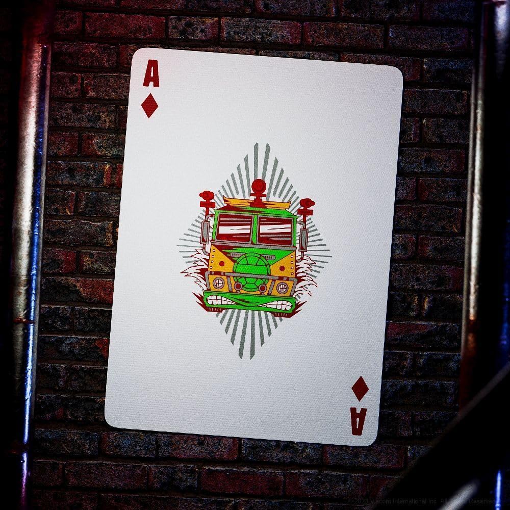 Teenage Mutant Ninja Turtles playing card with a colorful truck design on a brick wall background