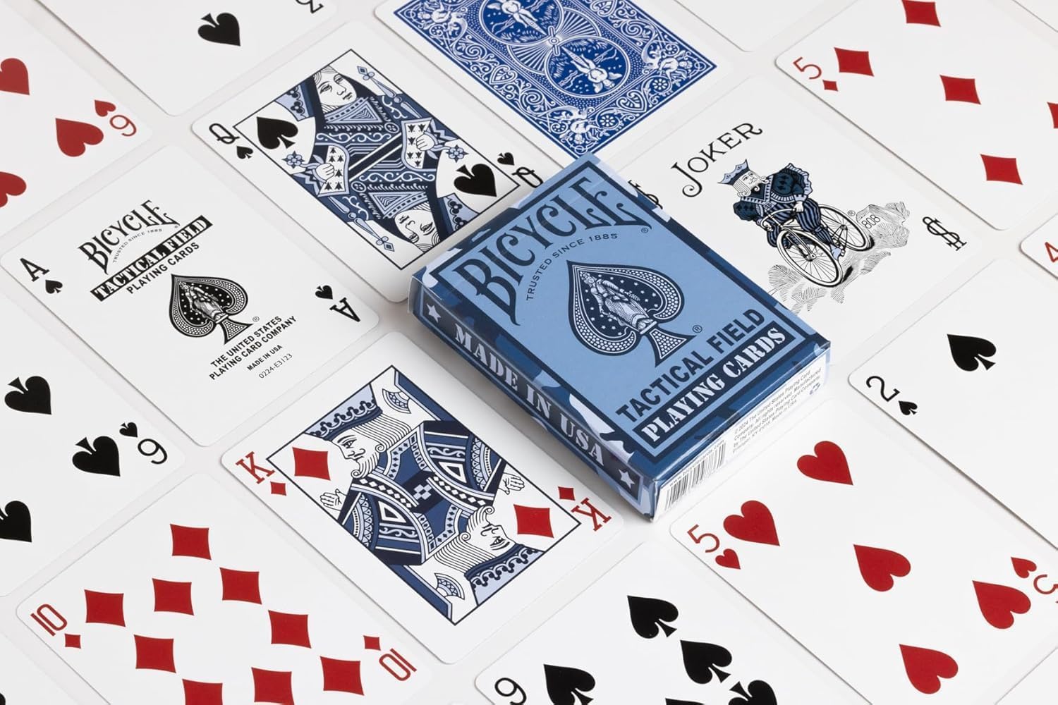 Bicycle Tactical Field Navy Blue playing cards with tuck box, card backs, courts, ace of spades, and jokers