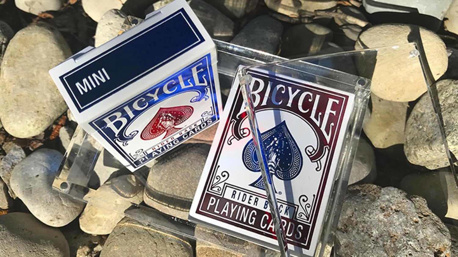 Blue mini Bicycle Rider Back deck and full‑size red Rider Back deck displayed among river stones with clear case.