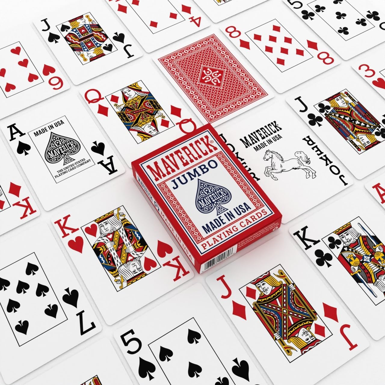 Maverick Jumbo playing cards with a red box surrounded by cards on a white background