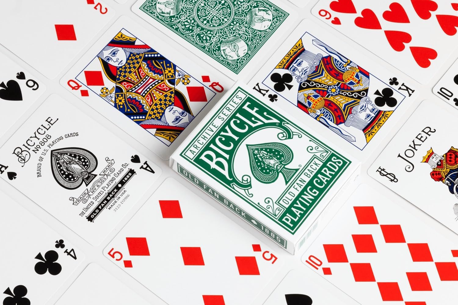 Bicycle Old Fan Back 1885 playing cards with various cards displayed on a white background