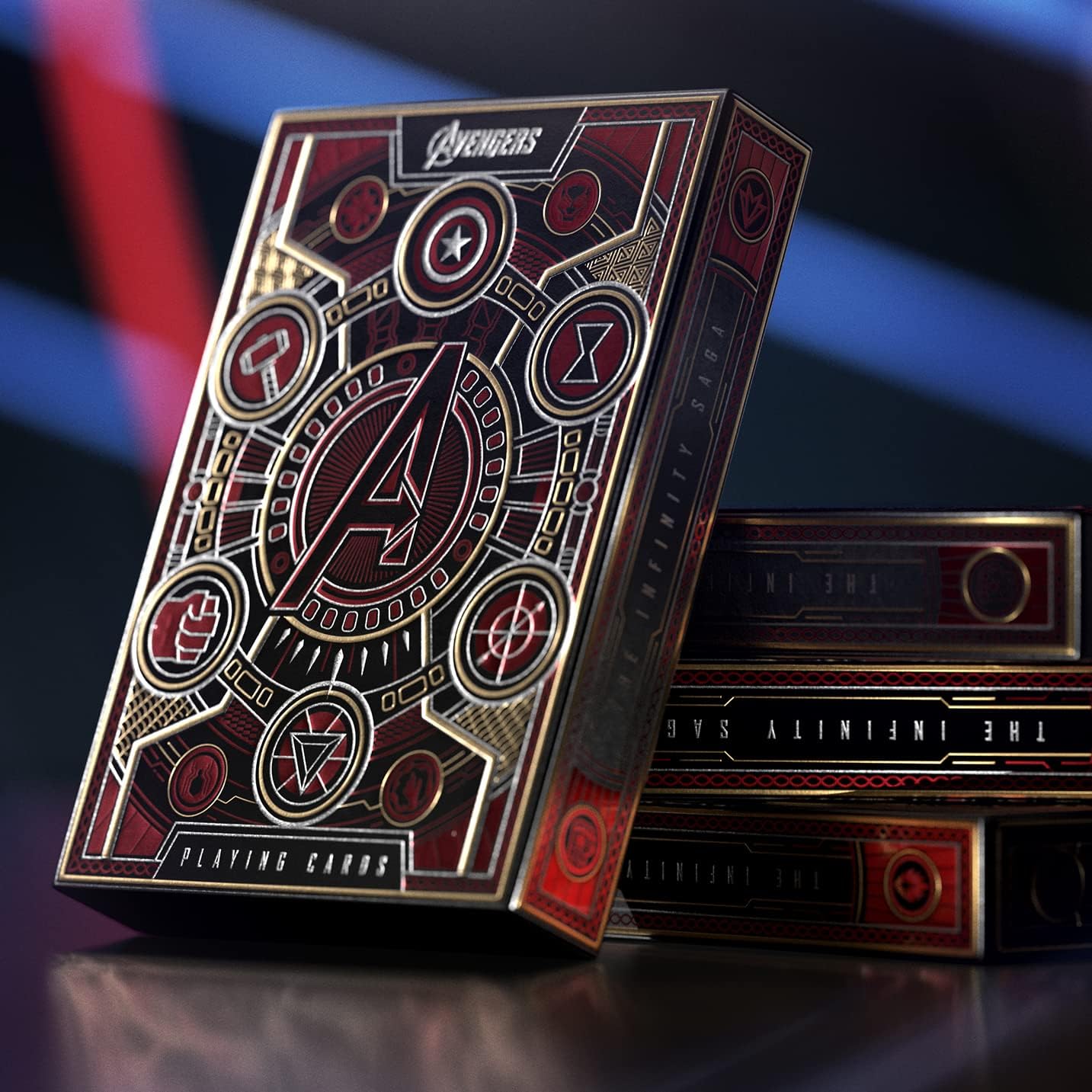 Avengers-themed playing cards with a metallic finish on a dark background