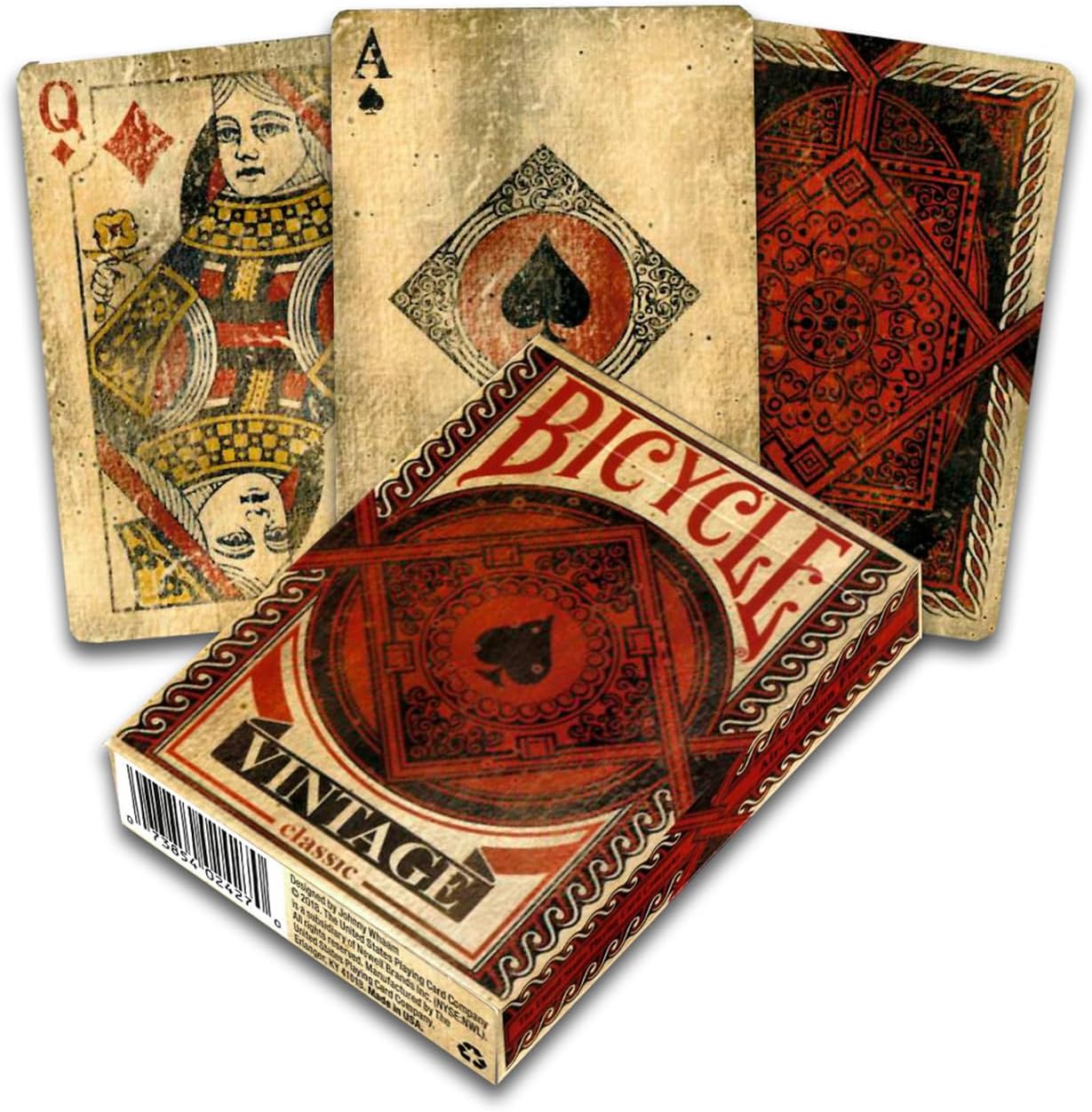 Bicycle vintage playing cards with an Ace of Spades and Queen of Diamonds on a white background