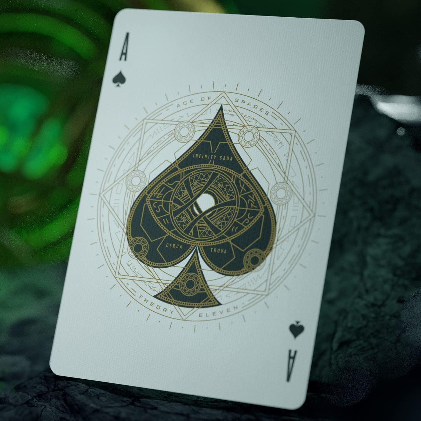 Playing card with intricate design on a dark background