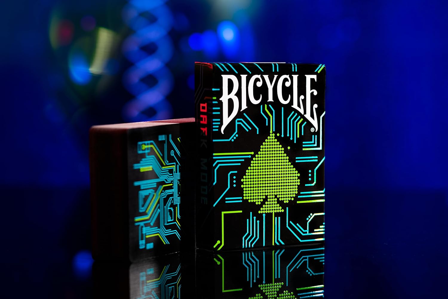 Bicycle Dark Mode tuck box and card back on dark blue background