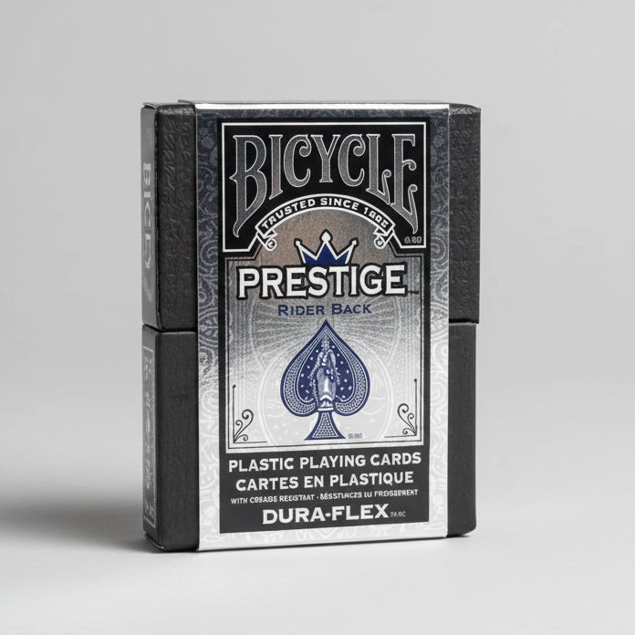 Bicycle Prestige playing cards packaging with black and silver design.