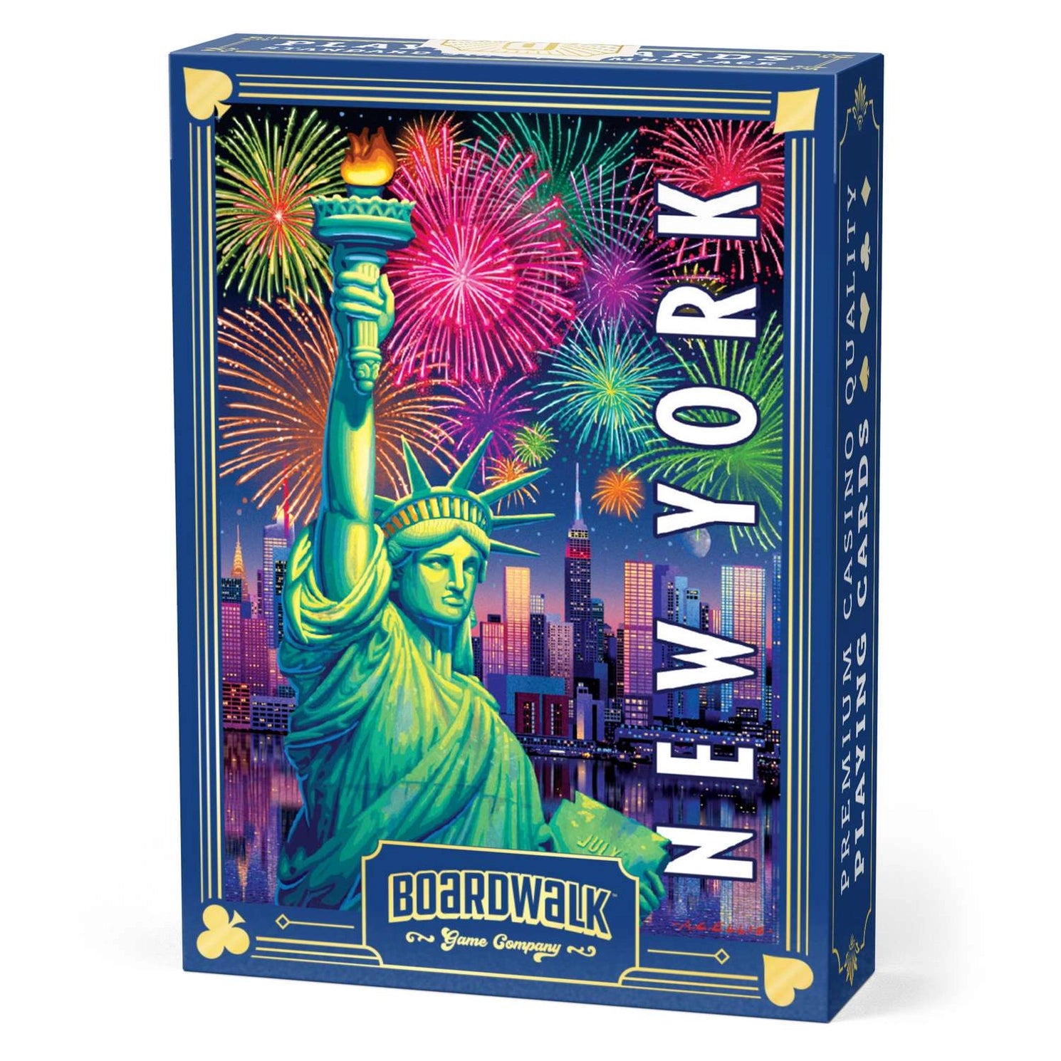 New York’s Lady Liberty Playing Cards by Boardwalk tuck box with Statue of Liberty, skyline, and fireworks