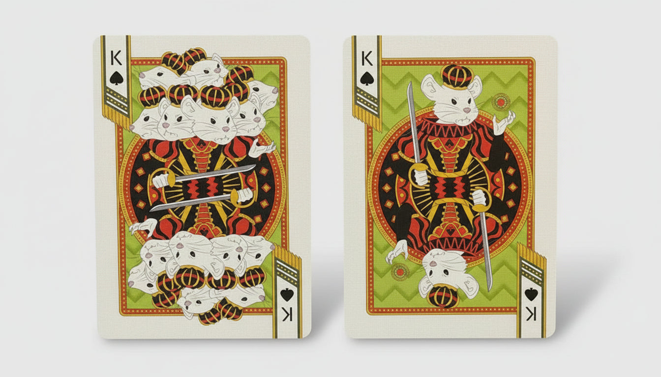 Two playing cards featuring a king design on a festive background with lights and decorations.