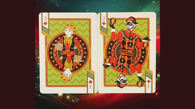Two playing cards featuring a king and a jack on a colorful background