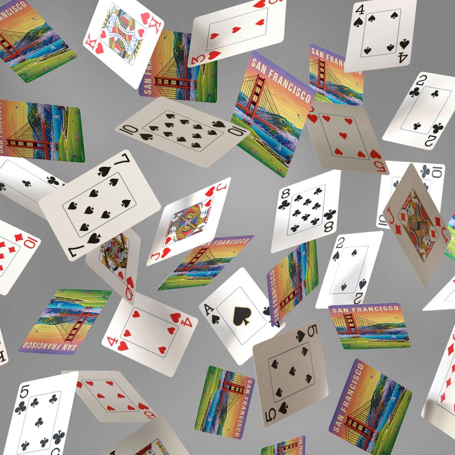 San Francisco Playing Cards by Boardwalk falling card display with Golden Gate Bridge backs