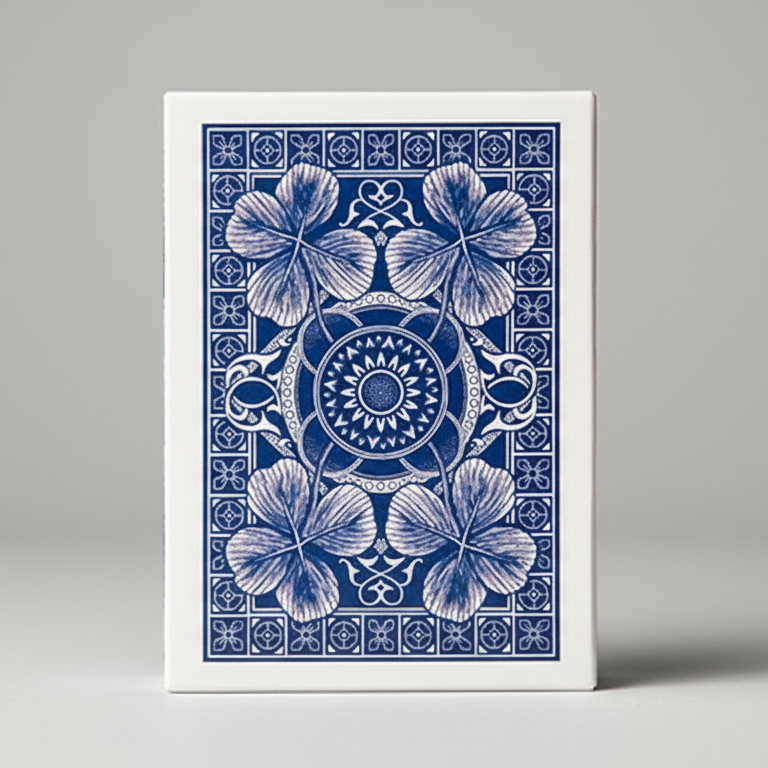 Blue floral-patterned card deck packaging on a blurred background