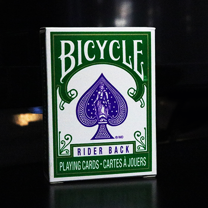 Bicycle Mini Playing Cards box with green and white design on a dark background