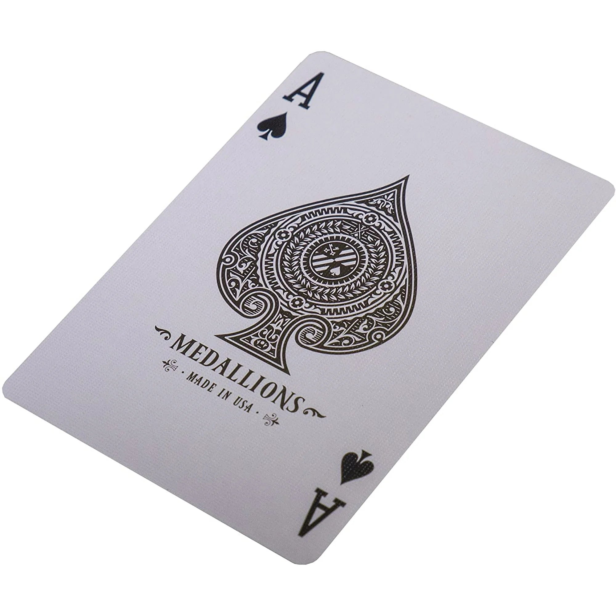 Playing card with black design and 'Medallions' branding on a white background