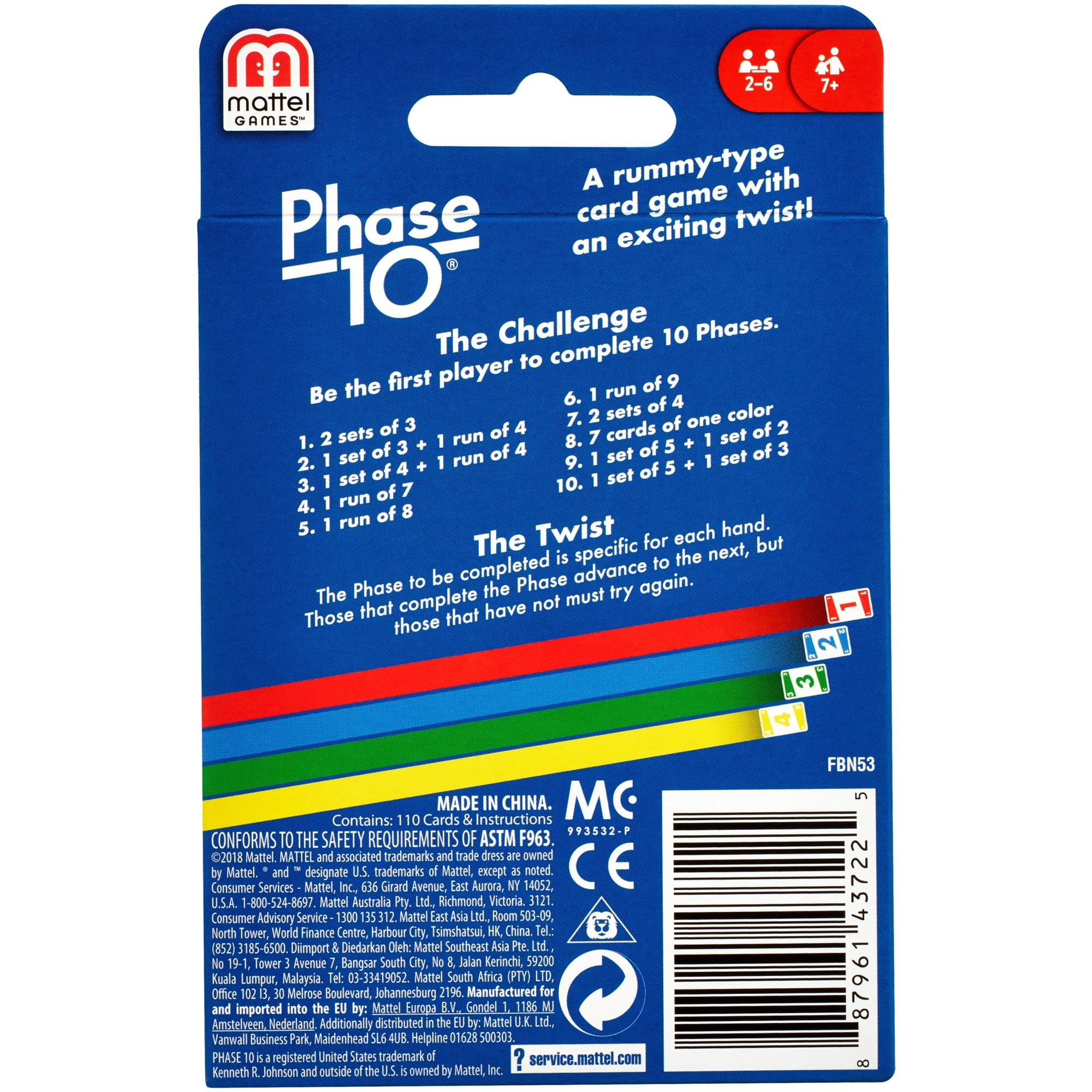 Back of a Mattel Game Phase 10 card game package, showing product information, rules text, age icons, and a barcode on a blue card with colorful stripes.