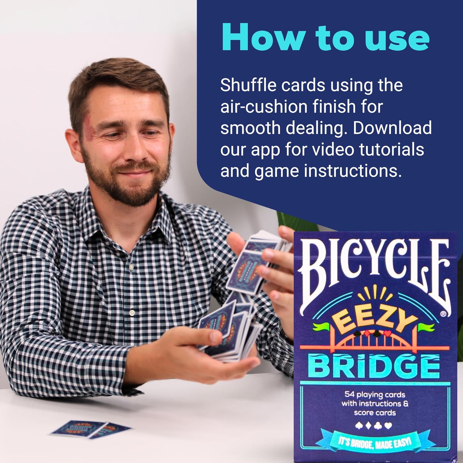 Man shuffling cards with Bicycle Eezy Bridge card deck packaging and text on how to use the cards.