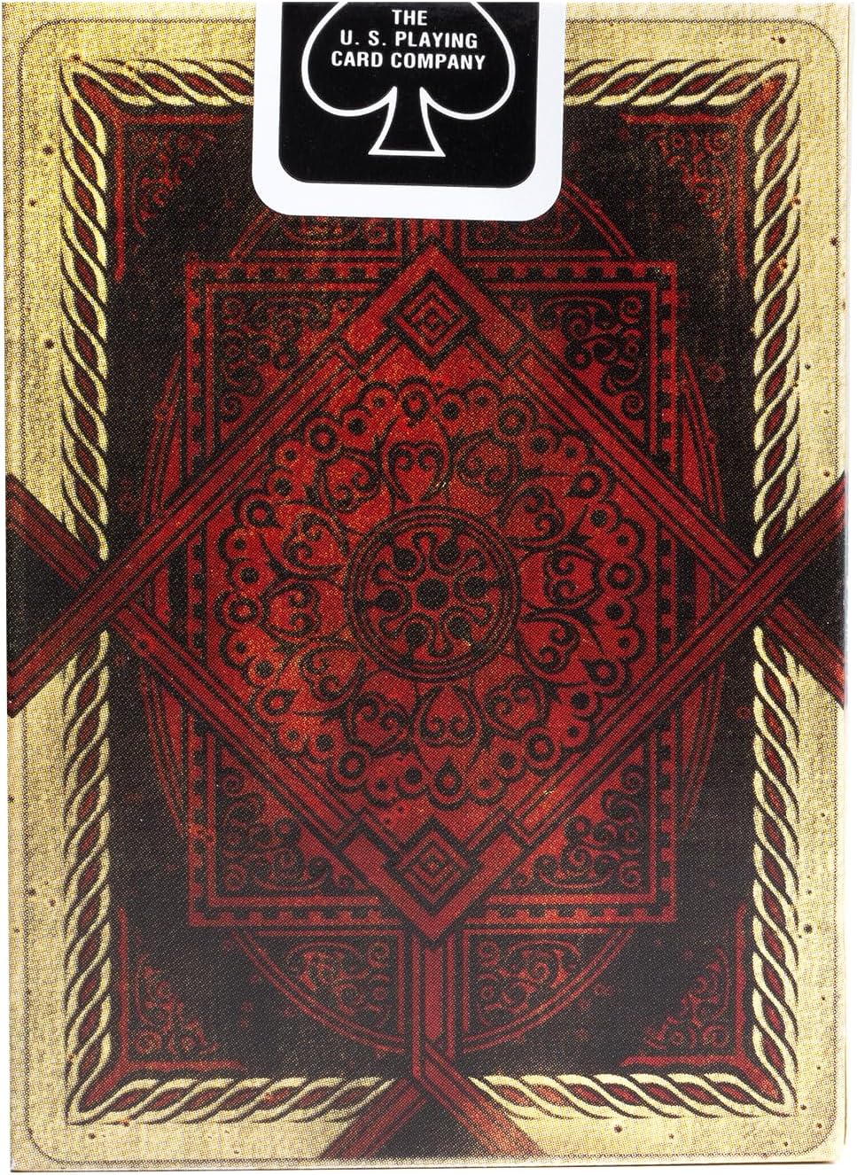 Playing card with red and gold design, featuring U.S. Playing Card Company logo.