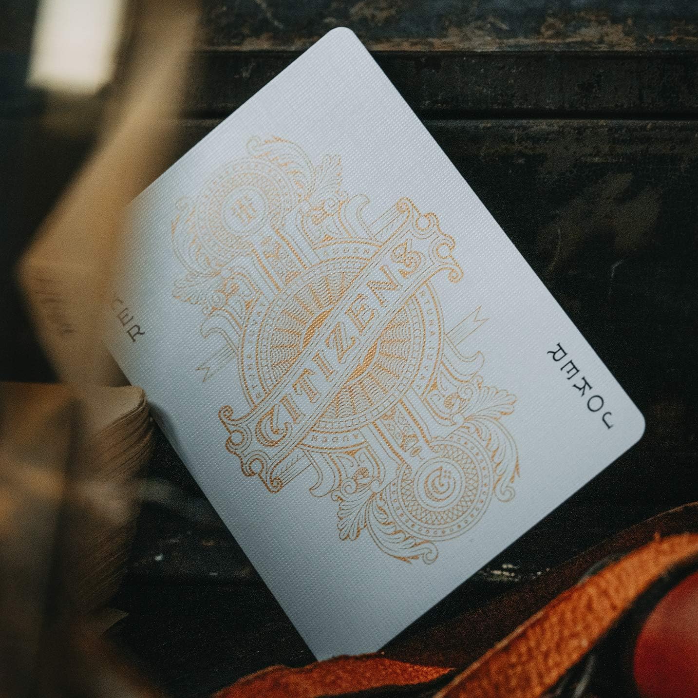 Theory11 Citizens playing card with ornate design and text on a dark background