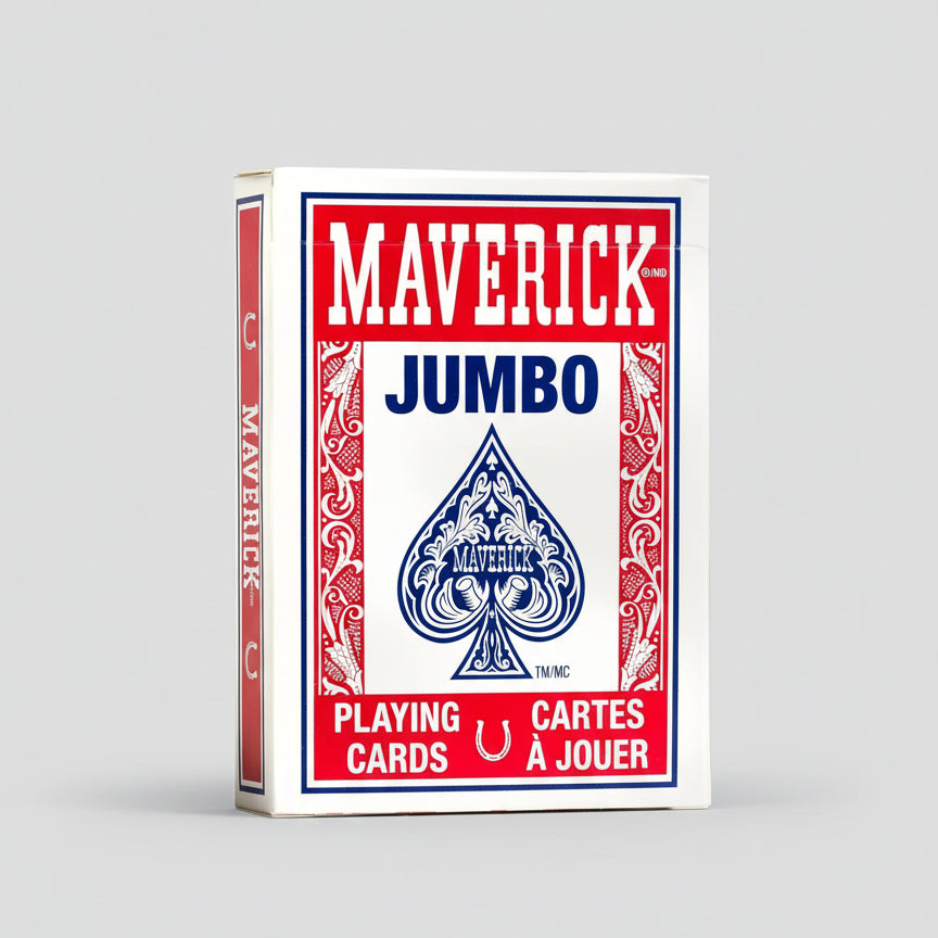 Maverick Jumbo playing cards packaging with red and blue design.