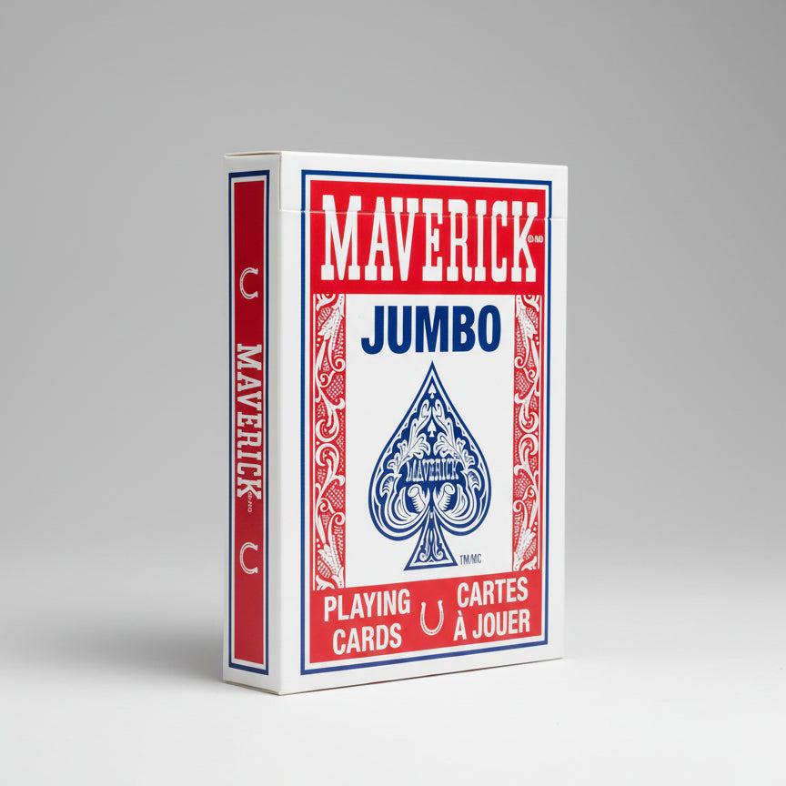 Maverick Jumbo playing cards packaging with red and blue design.