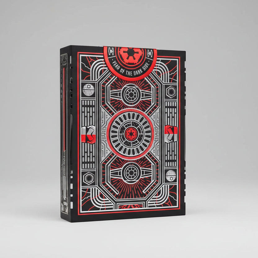 Card deck packaging with geometric design and red accents