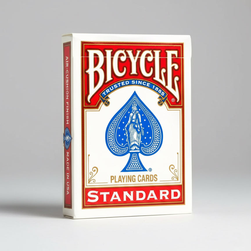 Bicycle playing cards packaging with red and blue design