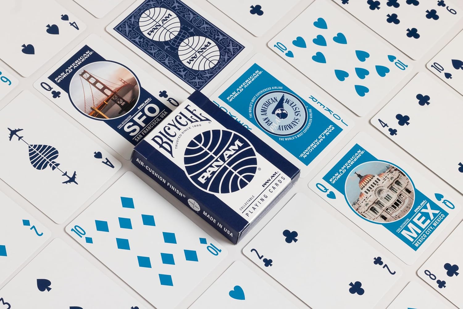 Bicycle Pan Am playing cards with various designs on a white background