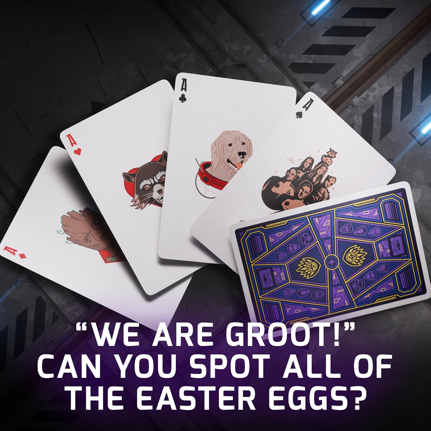 Guardians of the Galaxy playing cards showing custom Aces and card back