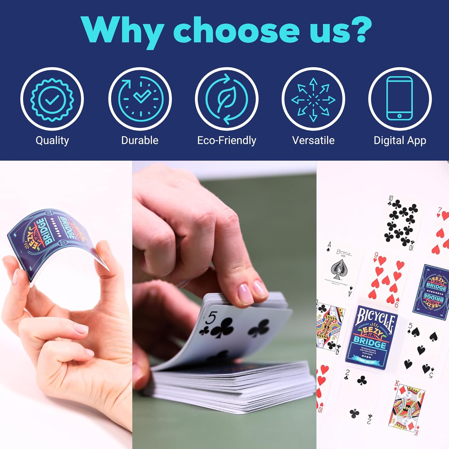 Promotional image of playing cards with features like quality, durability, eco-friendliness, versatility, and digital app availability.