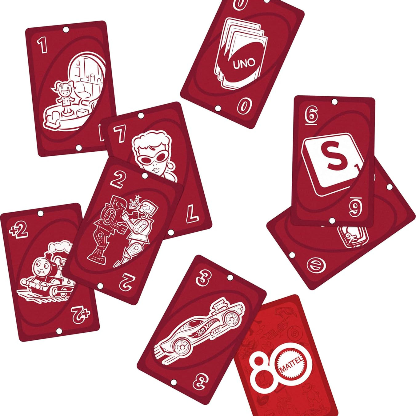 Red UNO Mattel 80th Anniversary cards on a white background