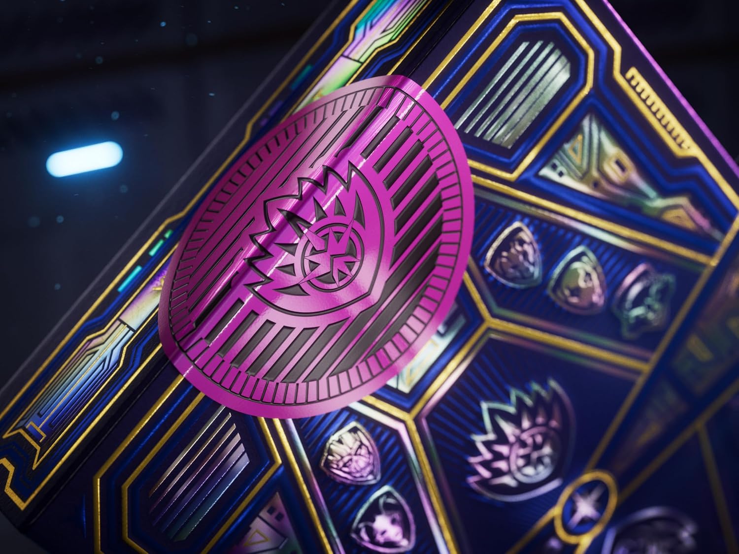 Close-up of Guardians of the Galaxy theory11 tuck box with holographic seal