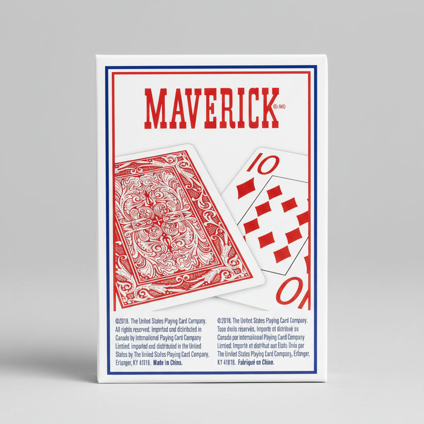 Maverick playing cards packaging with card designs on a white background
