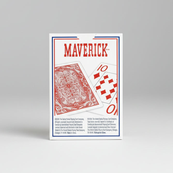 Maverick playing cards packaging with card designs on a white background