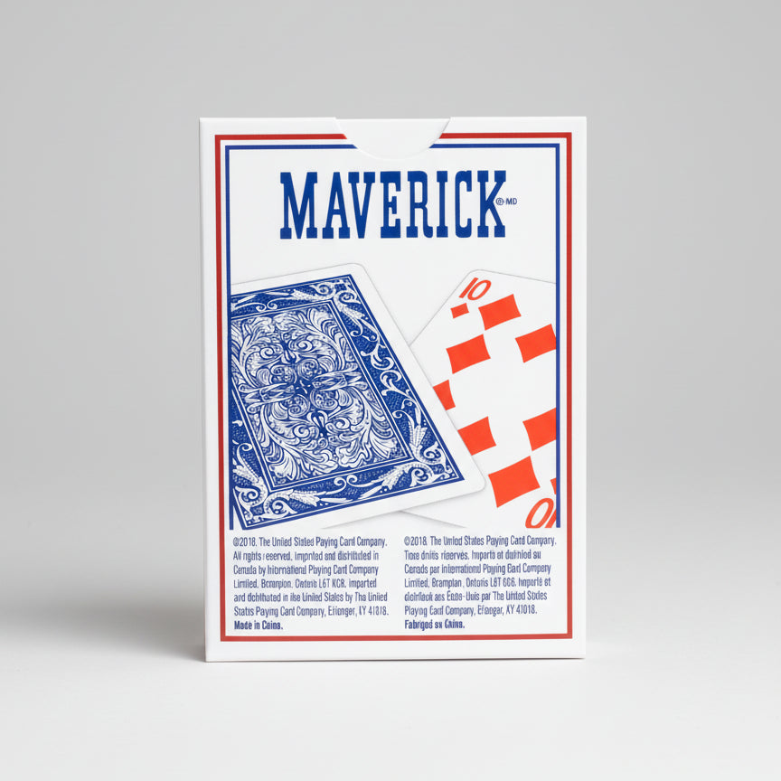 Maverick playing cards packaging with blue and red design